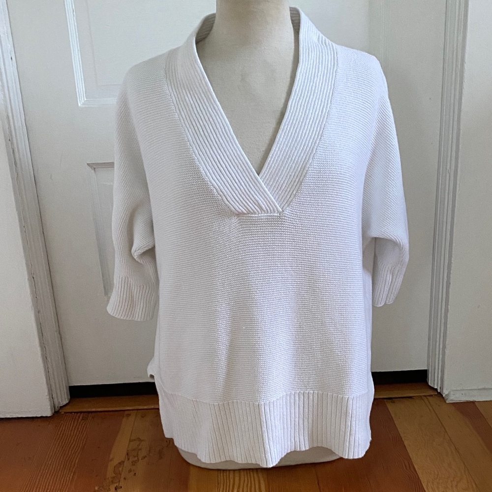 Chico's White V-Neck 3/4 Sleeve 100% Cotton Sweater Medium